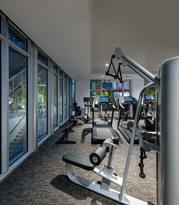 Gym with cardio equipment and windows in a building